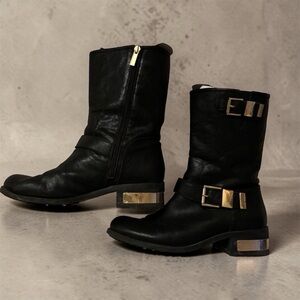 Vince Camuto Black Moto Boots with Gold Buckles